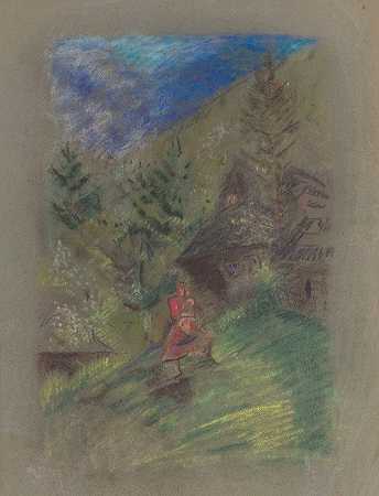 Woman with a Child in front of Cottages`Woman with a Child in front of Cottages (1930–1935) by Arnold Peter Weisz-Kubínčan