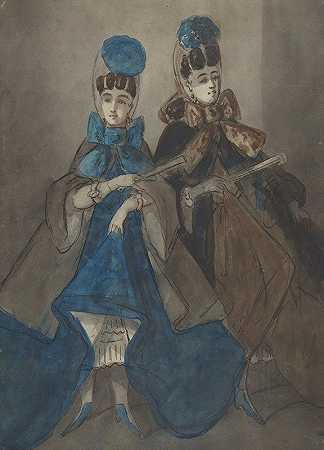 两个有粉丝的女人`Two Women with Fans (19th century) by Constantin Guys