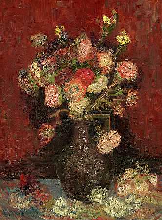 带有中国紫苑和唐菖蒲的花瓶，1886年8月`Vase with Chinese Asters and Gladioli, August, 1886 by Vincent van Gogh