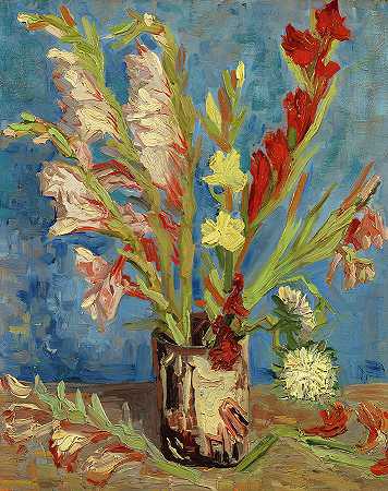 唐菖蒲和紫苑花瓶，1886年8月`Vase with Gladioli and Chinese Asters, August, 1886 by Vincent van Gogh
