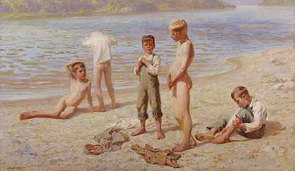男孩洗澡`Boys Bathing (1894) by Alexander Grinager