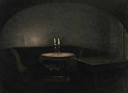室内，人造光`Interior, Artificial Light by Vilhelm Hammershoi