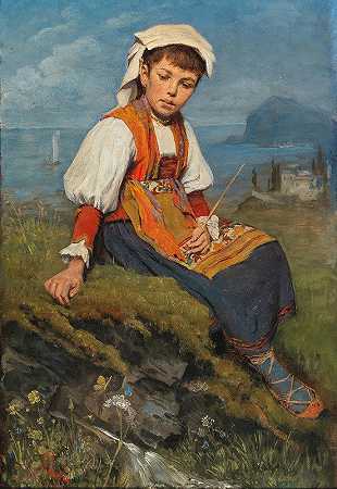 一个牧女在海岸风景前，`A Shepherd Girl Before A Coastal Landscape, by Ernst Payer