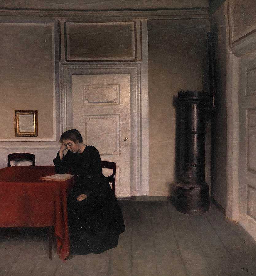 客厅和艺术家的妻子被勒死了`Living Room in Strandgade with the Artist\’s Wife by Vilhelm Hammershoi