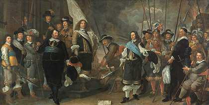 第一区的民兵军官在琼·休德科珀上尉和弗兰斯·范·韦弗伦中尉的领导下`Militia officers of District 1 under captain Joan Huydecoper and lieutenant Frans van Waveren (1648 – 1650) by Govert Flinck