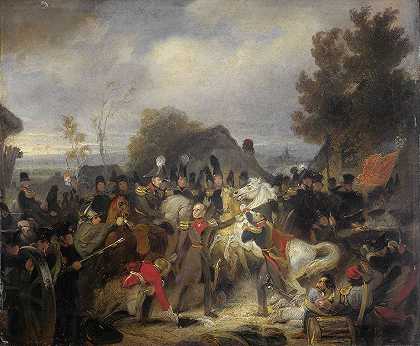 奥兰治王子在Boutersem的订婚仪式上更换了受伤的马`The Prince of Orange changing his Wounded Horse during the Engagement at Boutersem (1837 ~ 1839) by Cornelis Kruseman