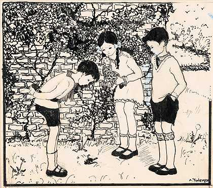 三个孩子看着一只倒下的鸟`Drie kinderen kijken naar een gevallen vogel (1925) by A. Tinbergen