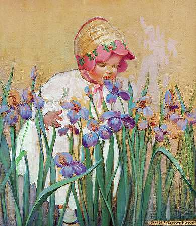 有鸢尾花的小女孩，好管家的掩护`Little Girl with Irises, Good Housekeeping Cover by Jessie Willcox Smith