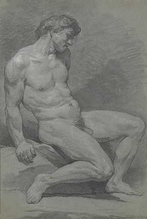男性裸体坐姿，面向右侧`Seated Male Nude Facing Right (mid~18th century) by Nicolas Bernard Lépicié