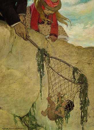水孩子们，汤姆被鱼网缠住了`The Water-Babies, Tom entangled in the Fishing Net by Jessie Willcox Smith