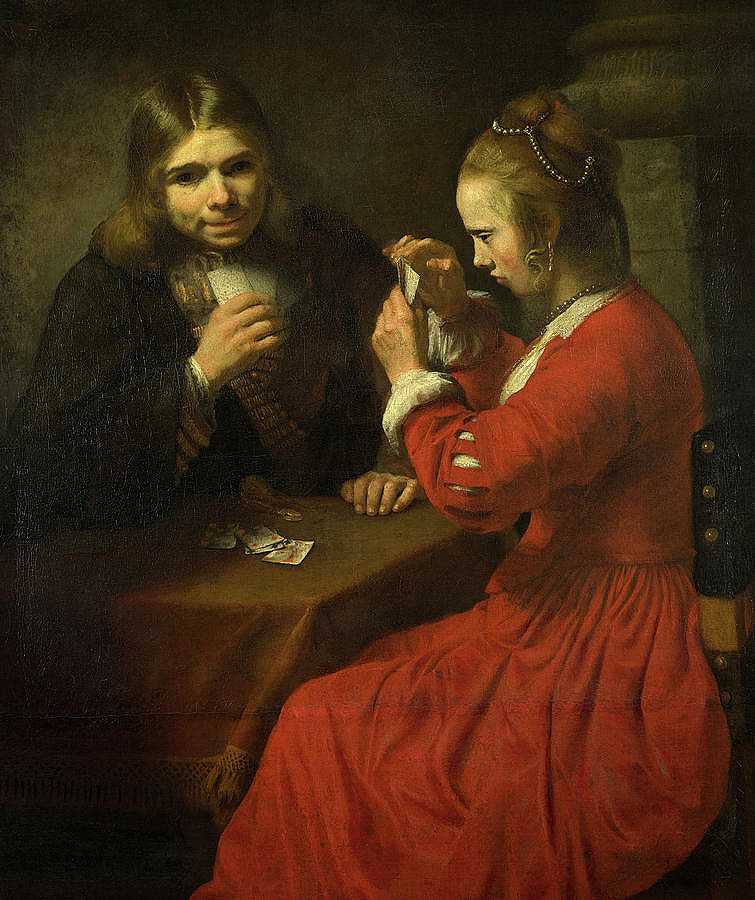 一个年轻人和一个女孩在玩牌，1645年`A Young Man and a Girl playing Cards, 1645 by Rembrandt