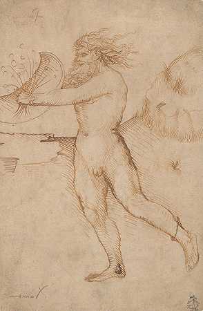 留着胡子的裸体男性向右边跑去`Bearded Nude Male Figure Running Toward the Right (mid~15th century) by Veronese School