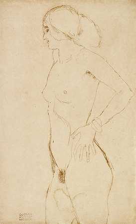 站着的裸体女孩，面向左边`Standing nude girl, facing left (1910) by Gustav Klimt