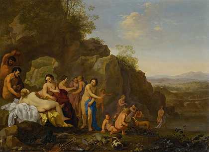 戴安娜和她的侍从们在一片有狩猎战利品的风景中`Diana and her attendants in a landscape with the spoils of the hunt by Cornelis Van Poelenburch