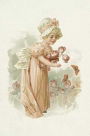 带着粉色花朵和蝴蝶的小女孩`Little Girl with Pink Flowers and Butterflies (ca. 1891) by Louis Prang