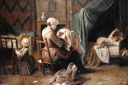 女仆给孩子们穿衣服的房间`Une chambre où une servante habille des enfants (1750) by Pierre Louis Dumesnil the Younger