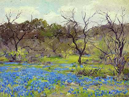 1919年早春，蓝帽和梅斯基特`Bluebonnets and Mesquite, Early Spring, 1919 by Julian Onderdonk