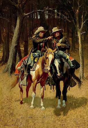 1889年，在俄克拉何马州加拿大北部的大树林里巡逻的夏延侦察兵`Cheyenne Scouts Patrolling the Big Timber of the North Canadian, Oklahoma, 1889 by Frederic Remington