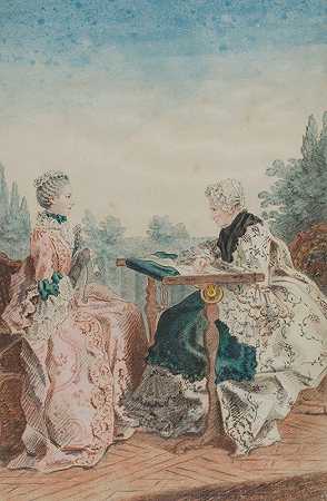 Laleu女士做挂毯，Melin女士在花园里工作`Mme Laleu à son métier à tapisserie et Mlle Mélin travaillant dans un jardin (1759) by Louis Carrogis Carmontelle