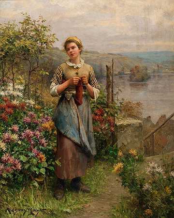年轻女子编织`Young Woman Knitting by Daniel Ridgway Knight