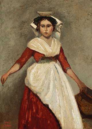 意大利人站着拿着水壶`Italienne debout tenant une cruche by Jean-Baptiste-Camille Corot