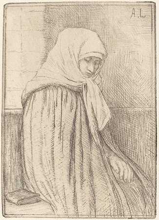 坐在教堂里的年轻农民`Young Peasant Seated in a Church (Jeune paysanne assise dans une eglise) by Alphonse Legros