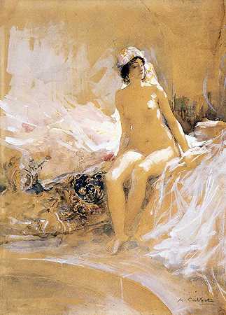 坐在游泳池前`Odalisque assise devant une piscine (before 1905) by Antoine Calbet