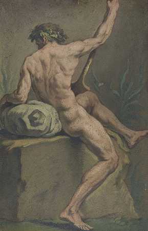 裸体的坐着的男人，从后面看一半`Akt eines sitzenden Mannes, halb vom Rücken gesehen by Josef Neher