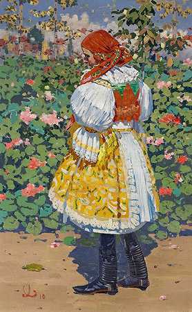 花园里穿着传统服装的女孩花园里穿着传统服装的女孩`Dívka v kroji v zahrade (Girl in Traditional Dress in a Garden) (1910) by Joža Úprka