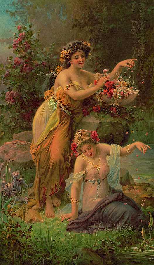 穿着花朵蝴蝶褶皱面料的女性`Women in Draped Fabric with Flowers and Butterflies by Hans Zatzka