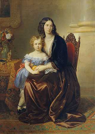 莱昂尼·兰科伦斯卡伯爵夫人，b。波托卡伯爵夫人和她的儿子卡尔`Leonie Gräfin Lanckorońska, geb. Gräfin Potocka, mit ihrem Sohn Karl (1852) by Karl von Blaas