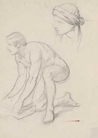 裸体素描和头巾中的头部研究，为阿利马提亚的约瑟夫肖像画#安葬`Nude sketch and study of the head in a turban for the figure of Joseph of Arimathea to the painting ;Entombment (1850) by Józef Simmler