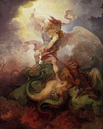 约束撒旦的天使，1797年`The Angel Binding Satan, 1797 by Philip James de Loutherbourg