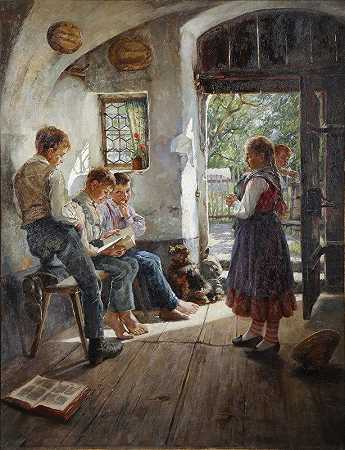 备课`Preparing For The Lesson (1896) by Hugo Löffler