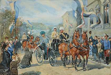 皇帝坐着马车在城里走的时候接受了请愿书`The Emperor Accepting the Petition During His Ride in a Cart Through the City (1881) by Wojciech Kossak