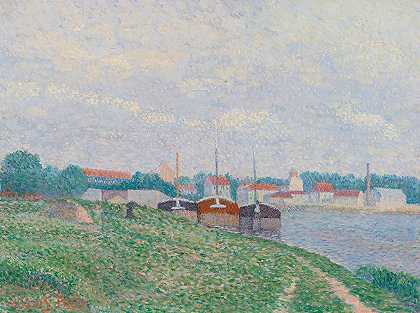 三艘驳船停泊在工业城市`Trois Péniches Amarées Aux Abords Dune Ville Industrielle (circa 1886) by Albert Dubois-Pillet