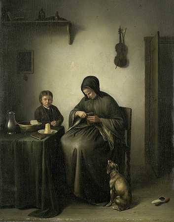 切面包的女人`A Woman Slicing Bread (c. 1800 ~ c. 1823) by Johannes Christiaan Janson