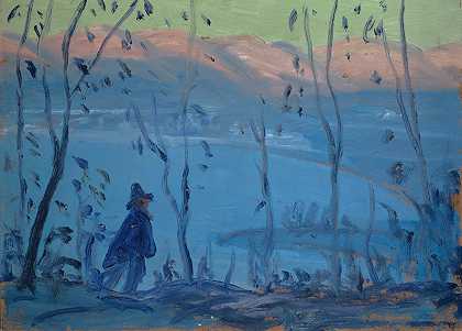 傍晚在南湖上散步`Evening Walk Above a Southern Lake by Ernst Schiess