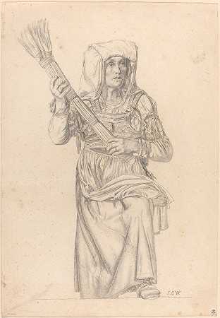 拿着扫帚的意大利农妇`Italian Peasant Woman with a Broom by Johann Caspar Weidenmann