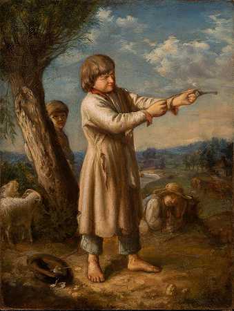 男孩用钥匙射击`Boy Shooting with a Key (before 1863) by Aleksander Kotsis