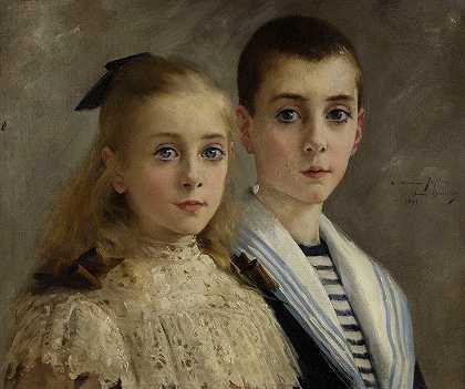 约翰和珍妮的肖像，乔夫罗伊教授的孩子`Portrait de Jean et Jeanne, les enfants du professeur Joffroy (1895) by André Brouillet