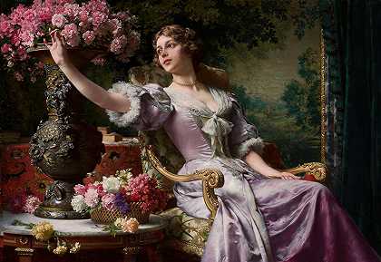 身穿丁香花连衣裙的女士`Lady in a lilac dress with flowers (1903) by Władysław Czachórski