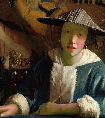 《吹笛子的女孩》，1665-1675年`Girl with a Flute, 1665-1675 by 维米尔