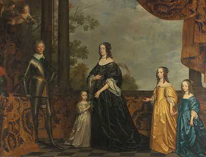 弗雷德里克·亨利、索尔姆斯的配偶阿玛莉亚和他们三个最小的女儿`Frederick Henry, his Consort Amalia of Solms, and their Three Youngest Daughters (c. 1647) by Gerard van Honthorst