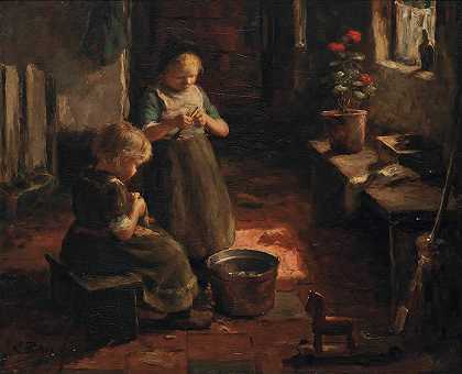 削土豆皮`Peeling potatoes (1918) by Evert Pieters