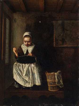 缝纫的女孩`A Girl Sewing by Nicolaes Maes