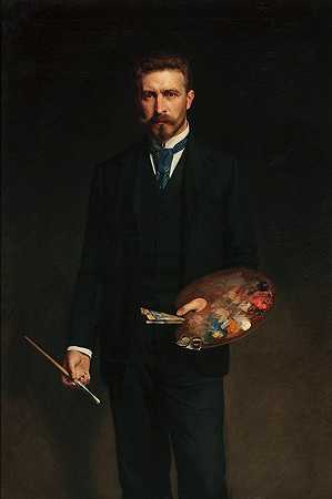 带调色板的自画像`Self~portrait with palette (1895) by Kazimierz Pochwalski