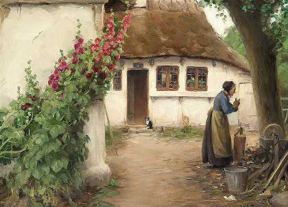 一位妻子在农舍里吃着红鸡腿`En kone ved et bondehus med røde stokroser by Hans Andersen Brendekilde