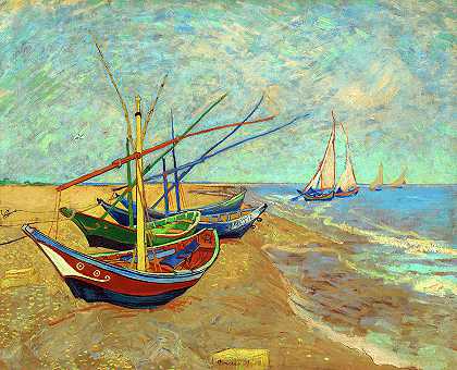 1888年6月，圣玛丽海滩上的渔船`Fishing Boats on the Beach at Les Saintes-Maries-de-la-Mer, June, 1888 by Vincent van Gogh
