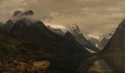 农民，Sogn。`Fjærlandsfjellene, Sogn (1865) by Amaldus Nielsen